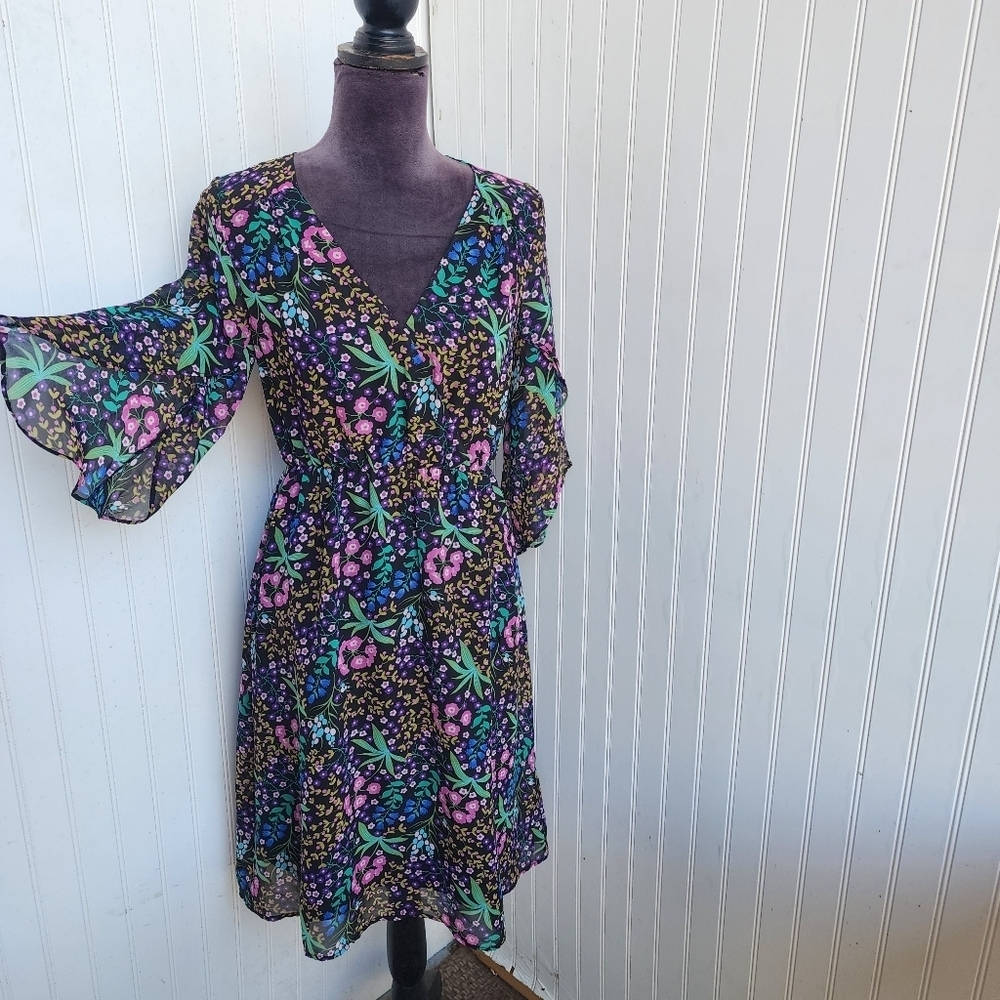 Lace & Mesh Dress Women's Black Pink Green Floral V neck 3/4 Sleeve Flare Sz S